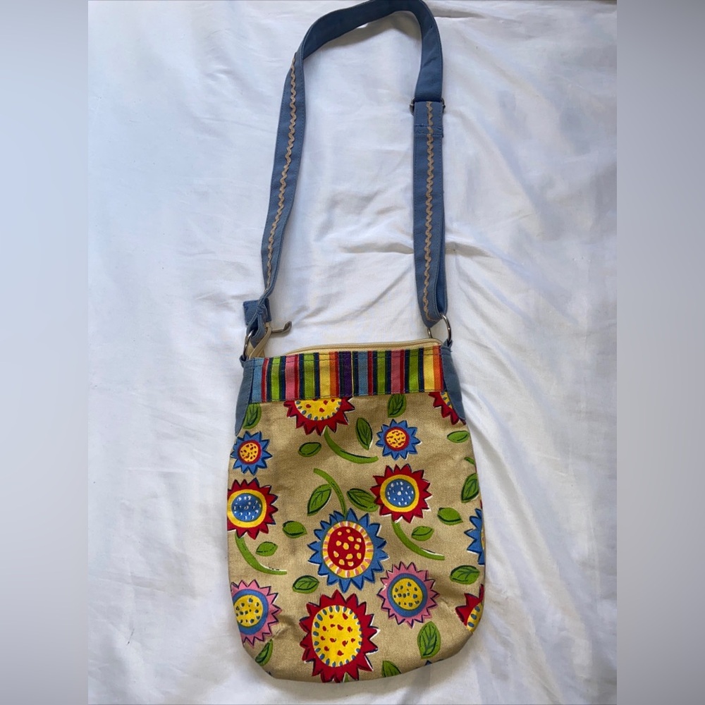 Anne Ormsby Cotton Canvas Shoulder Purse Tote Bag Zipper Sequins Beads Floral